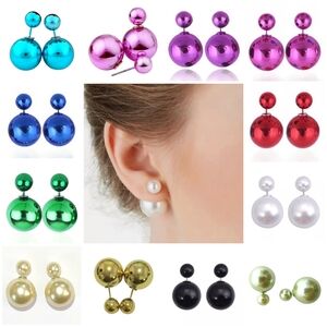 Pearl Shell Double Ball Stud Earrings Red Blue Green Pink Purple Black White